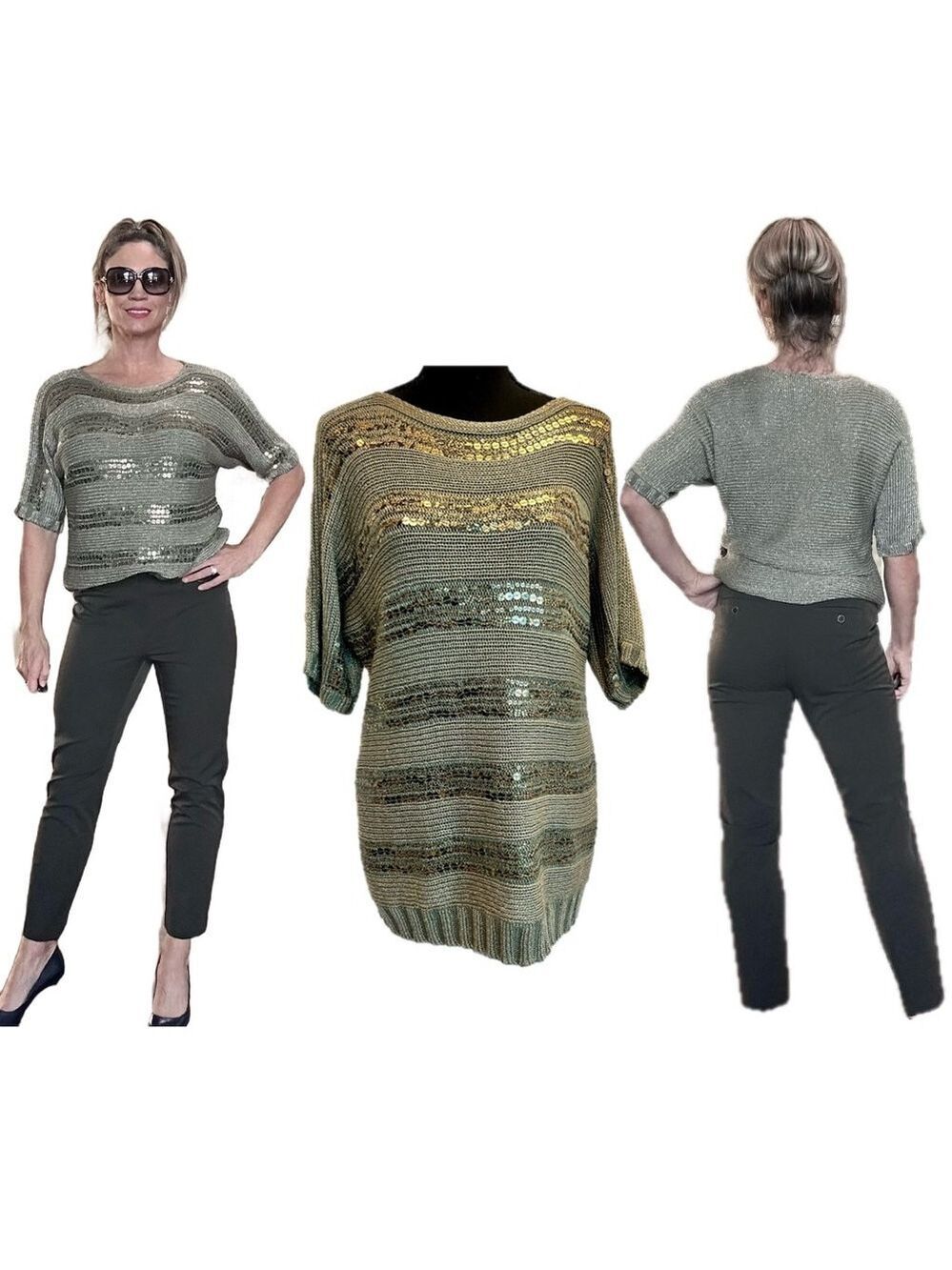 Chico’s olive green gold metallic sequin striped short sleeve knit sweater L